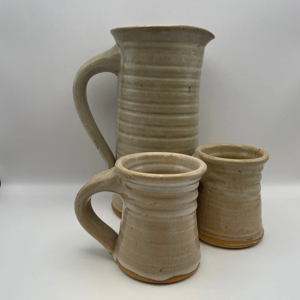 Paradox Pottery Handmade Ceramic Pitcher and Mugs Set Rustic Beige Glaze Pottery